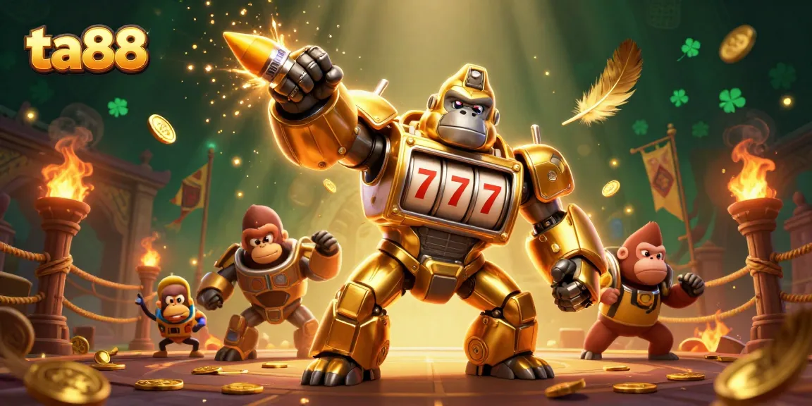 Experience thrilling action with ta88's golden gorilla mech amidst pouring coins and vibrant gambling elements.