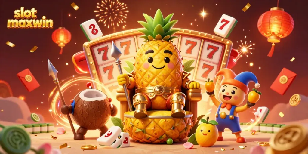 Gambarlah slot maxwin dengan raja nanas emas dan elemen kasino yang meriah.