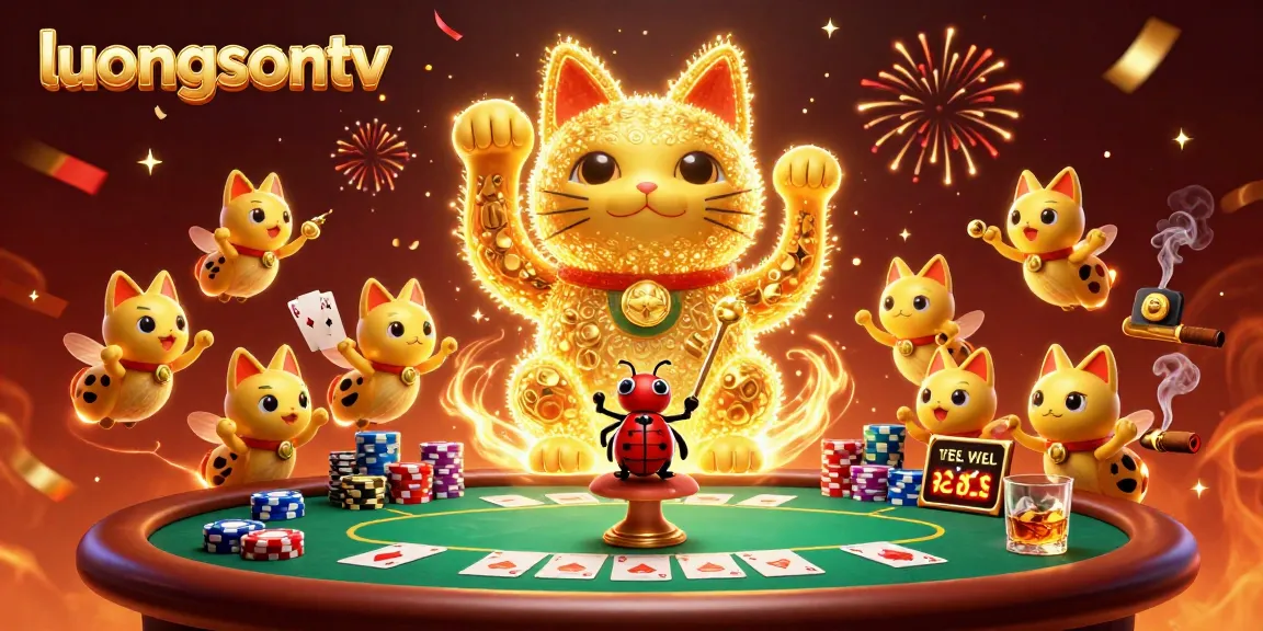 Engage with luongsontv's 3D playful depiction of a lucky cat among vibrant casino symbols.