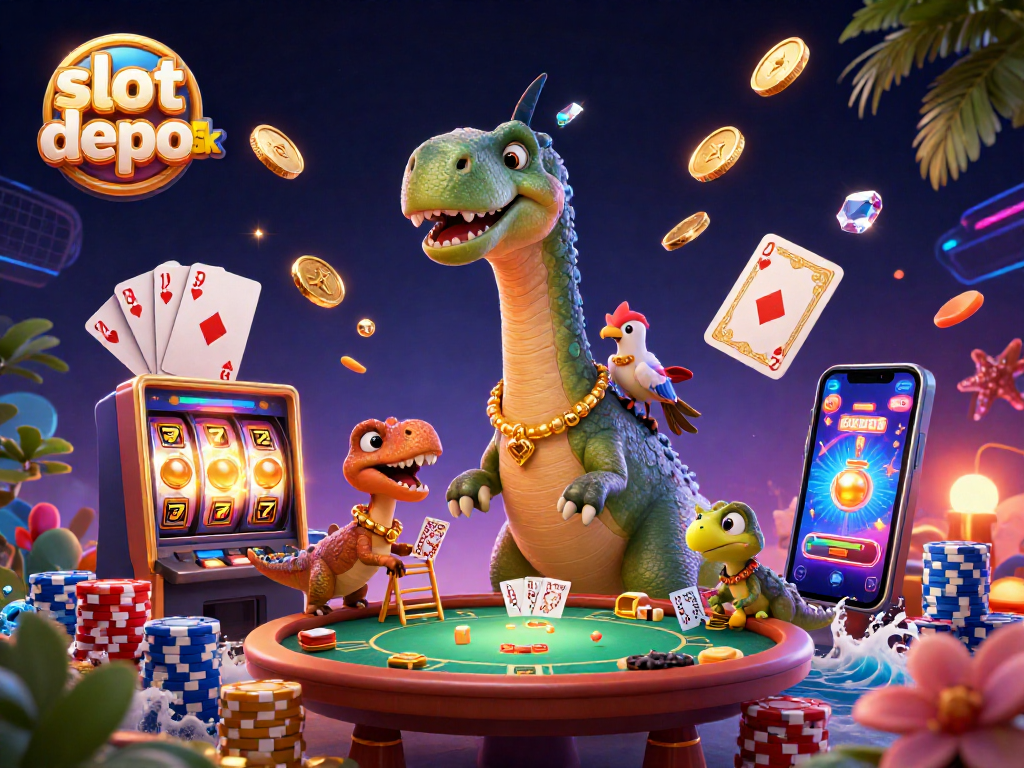 Engage in thrilling fun with slot depo 5k at this vibrant casino scene showcasing dynamic gaming elements.