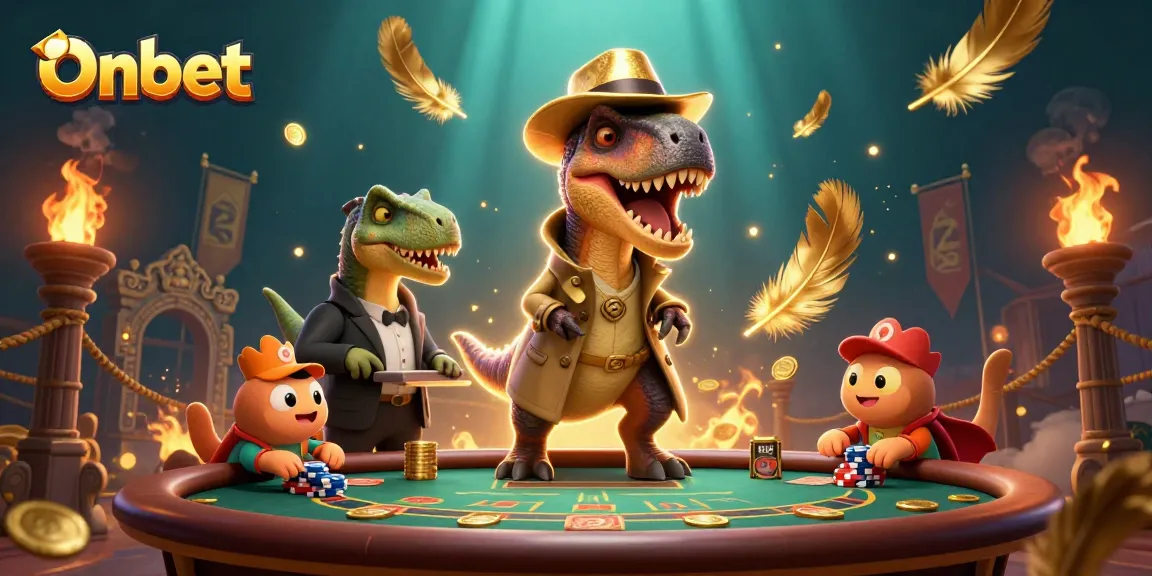 Onbet's dynamic gambling scene with a velociraptor card counter and a suspicious stegosaurus pit boss.