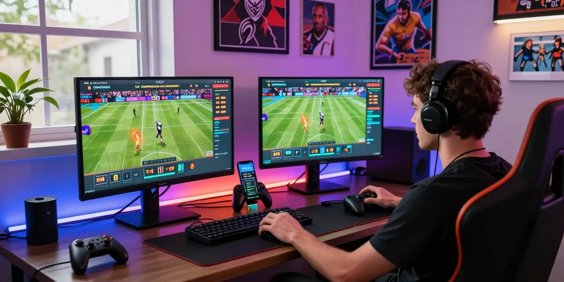 Engaging player on Playin exchange platform enjoying live betting with dual monitors and gaming accessories.
