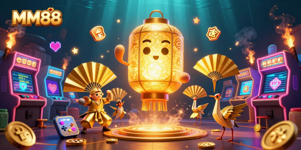 MM88 players enjoy vibrant 3D casino games with colorful arcade machines and lucky symbols in a dynamic scene.