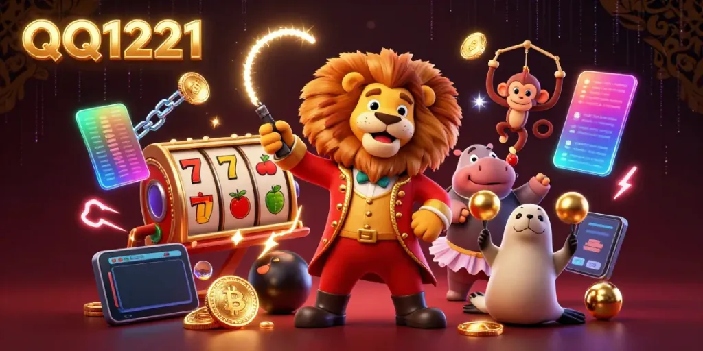 Spin to win with QQ1221 as vibrant characters celebrate slot jackpots in action-packed casino scene.