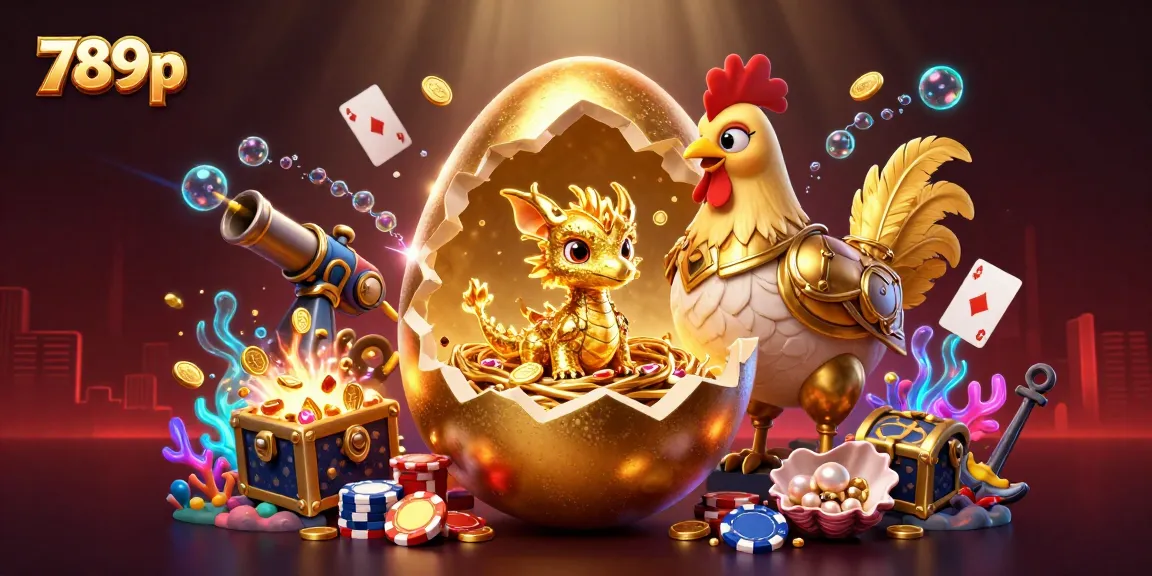 Engage with 789p's thrilling casino world as a golden dragon emerges from a nest of poker chips amidst vibrant treasures.