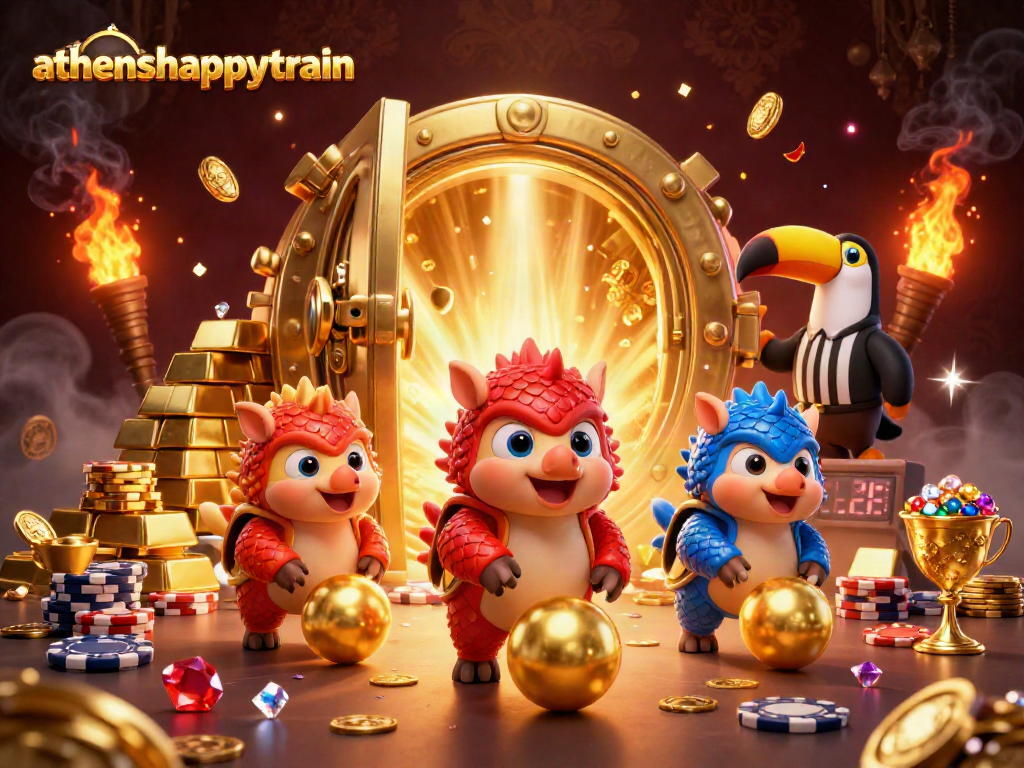 Experience the thrill of athenshappytrain with pangolins bowling through poker chips in this vibrant digital scene.