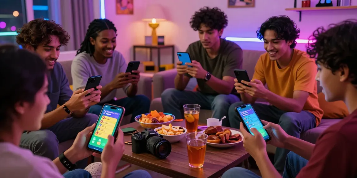 Engaged players enjoying Tiranga Games on their smartphones in a lively gaming environment with snacks and vibrant lighting.