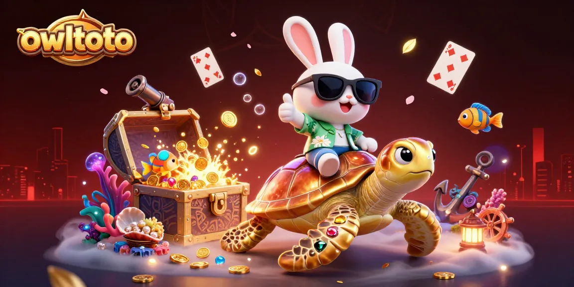 Play exciting games at owltoto featuring a lucky rabbit and golden sea turtle in a vibrant, dynamic casino scene.