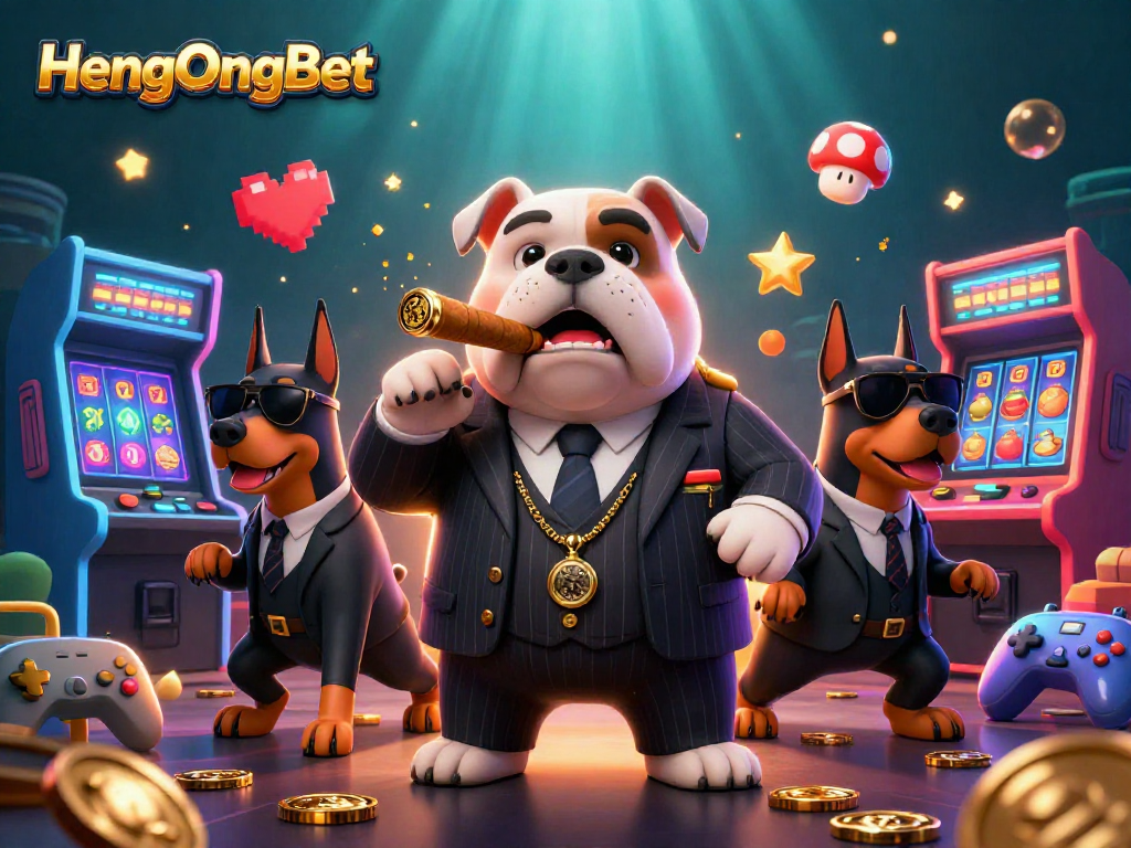 Engage with the exciting HengOngBet gaming atmosphere featuring a mafia-style bulldog and dynamic casino elements.
