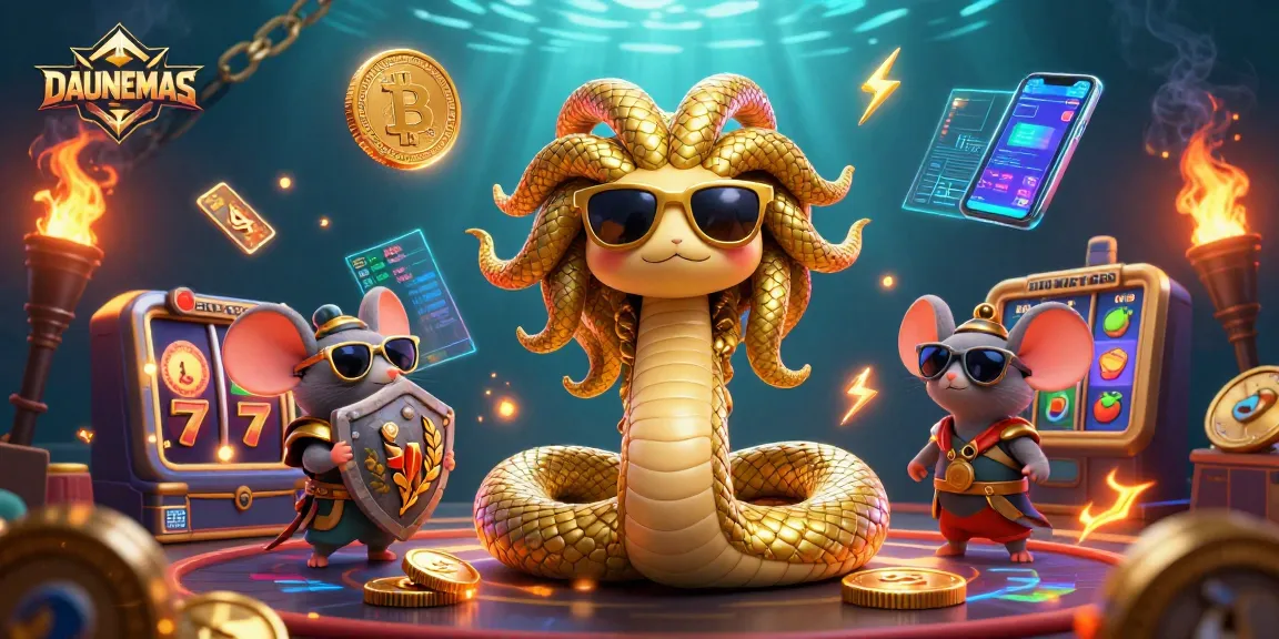 Experience the vibrant excitement of DAUNEMAS with friendly Medusa and a warrior mouse in a crypto-themed casino.