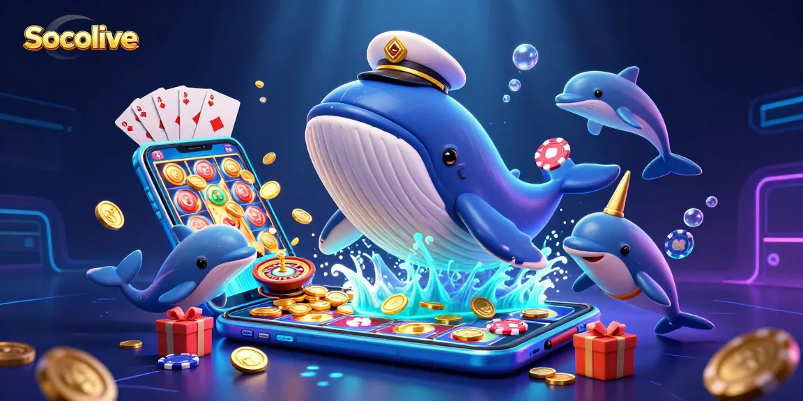 Socolive engages viewers with a lively scene of a captain whale, playful dolphins and golden coins in a vibrant casino context.