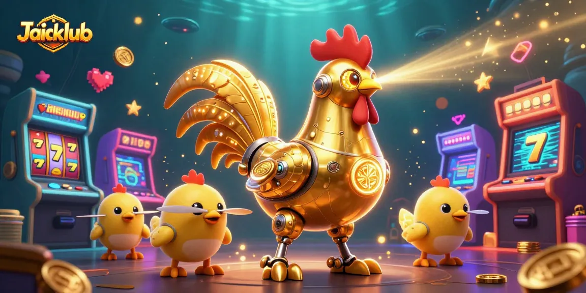 Play exciting slot games on Jaiclub featuring a golden rooster robot with baby chick drones.