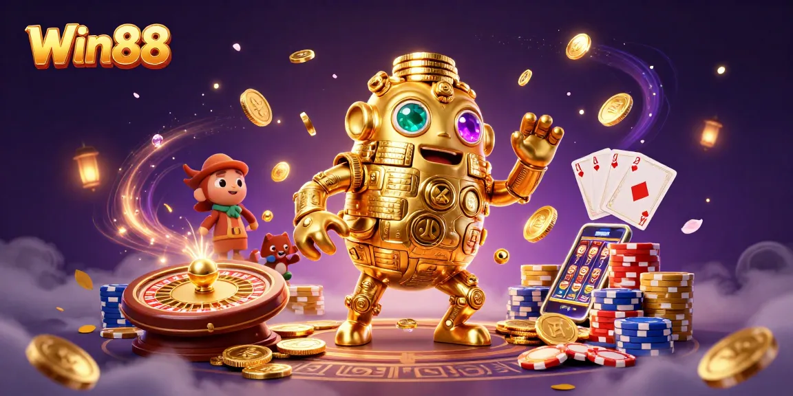 Win88 presents a stunning 3D illustration, showcasing an ancient golden golem surrounded by casino elements.