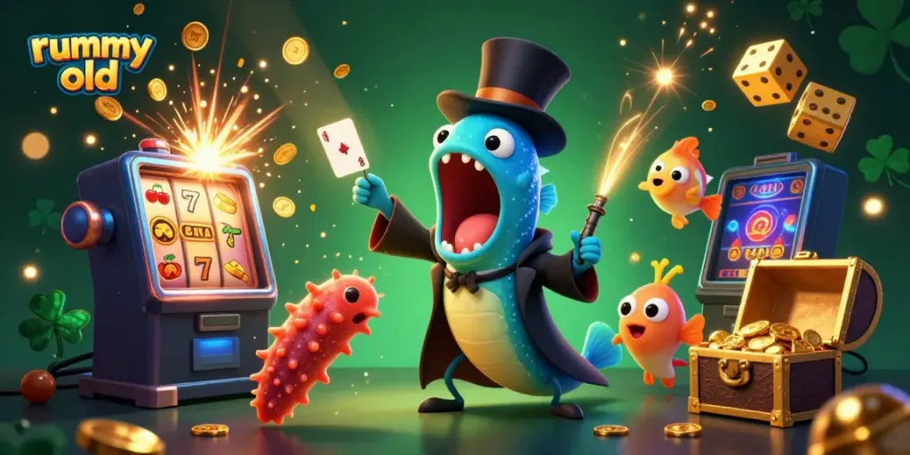 Experience rummy old games with a vibrant 3D illustration showcasing dynamic casino elements.