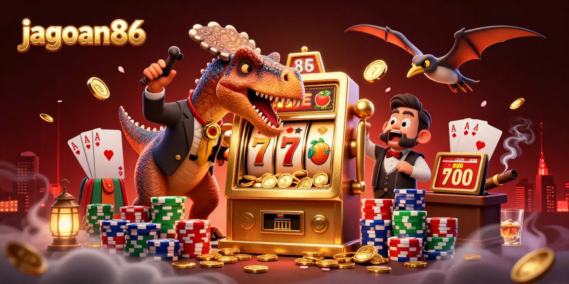 Experience thrilling wins with jagoan86 as dinosaurs interact with a golden slot machine.