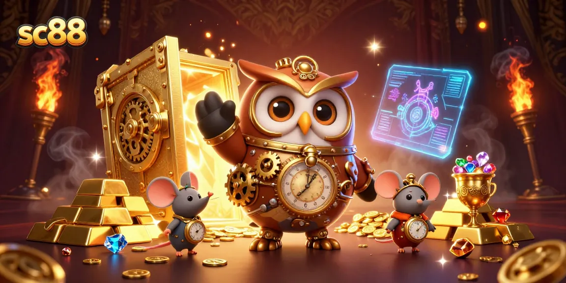 Experience sc88's dynamic gaming scene with a steampunk owl and rich casino elements.