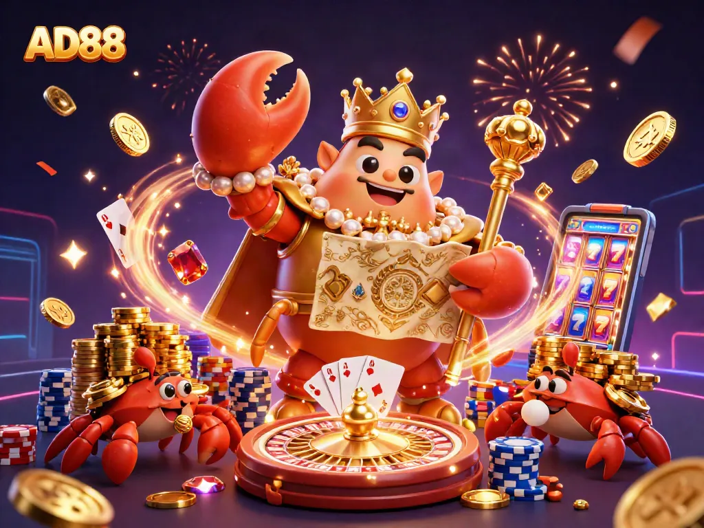 Experience thrilling action at AD88, featuring a golden crab emperor and vibrant casino elements.
