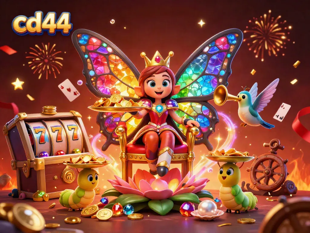 Engage with cd44's vibrant casino scene featuring a butterfly queen and slot games