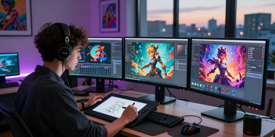 Creating NSFW AI art in a vibrant digital studio with character designs