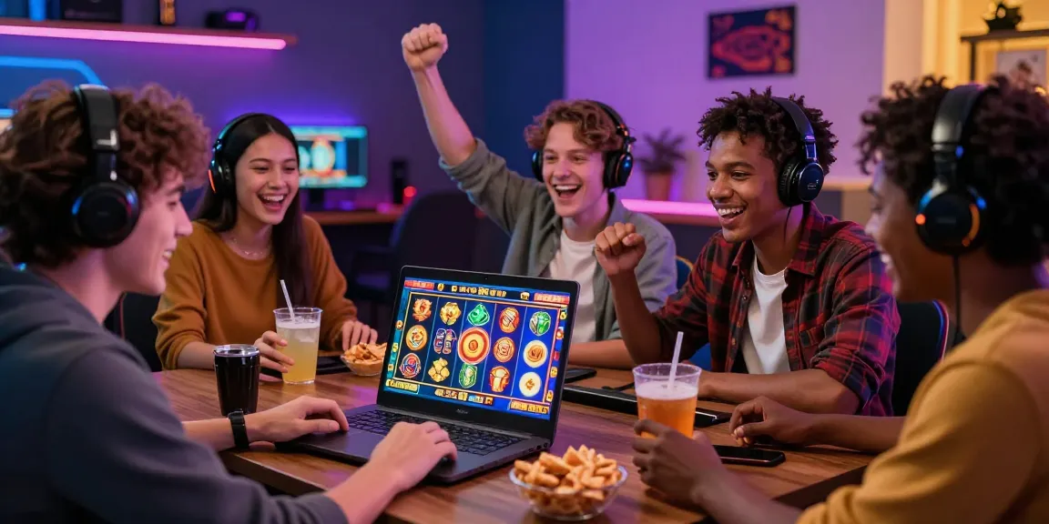 Exciting gaming scene with friends engaging in เว็บสล็อต แตกง่าย 2021 ฝากถอน ไม่มี ขั้นต่ำ, featuring vibrant slot games on laptop.