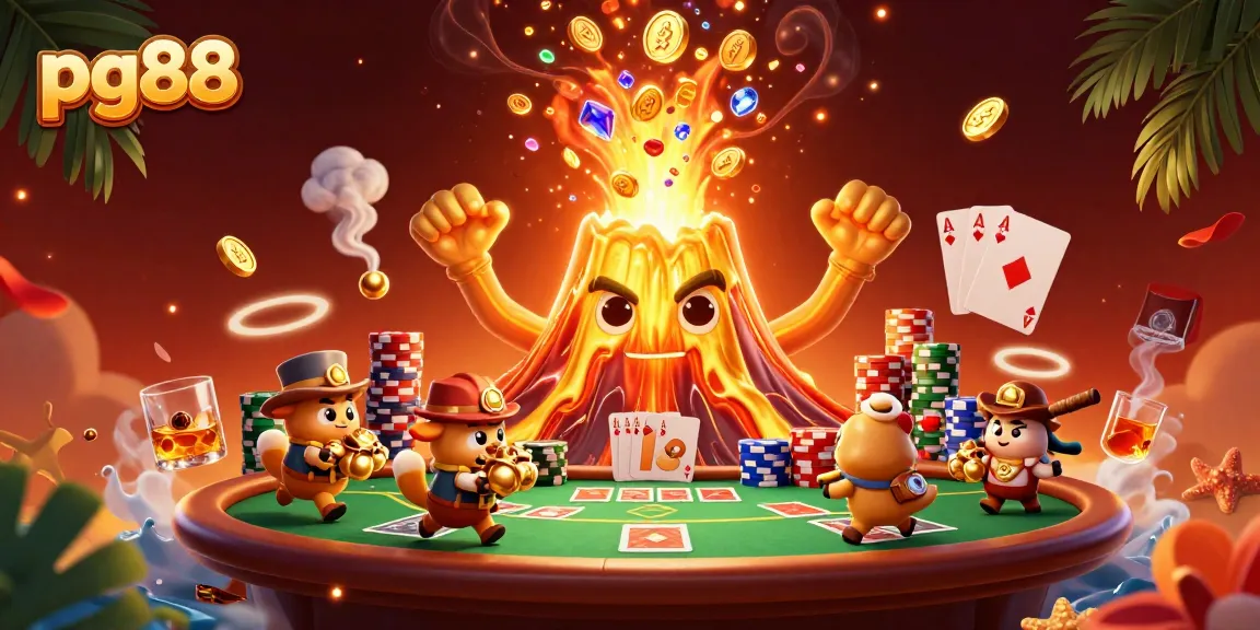 Experience thrilling wins at pg88 with a vibrant casino scene featuring a triumphant volcano and treasure-seeking animals.