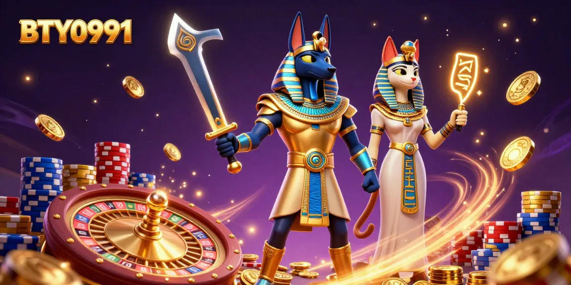 Experience thrilling moments with BTY0991 at a vibrant online casino featuring Anubis and Bastet.