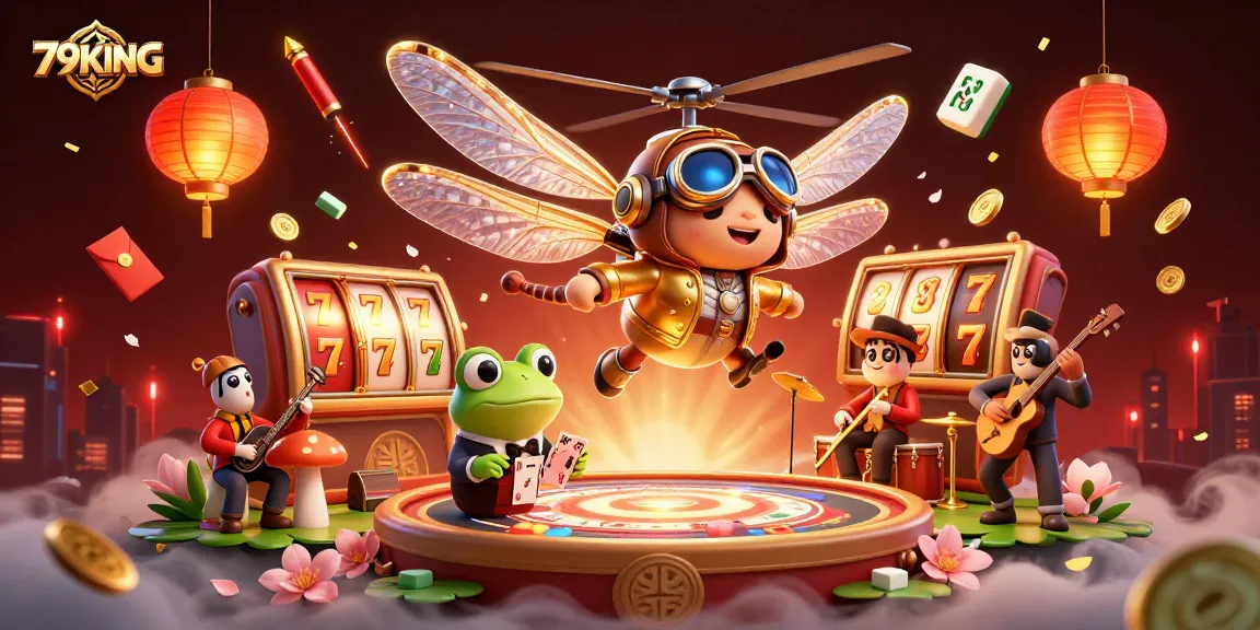Join the excitement of 79KING with a whimsical casino scene featuring a dragonfly pilot and a frog croupier.