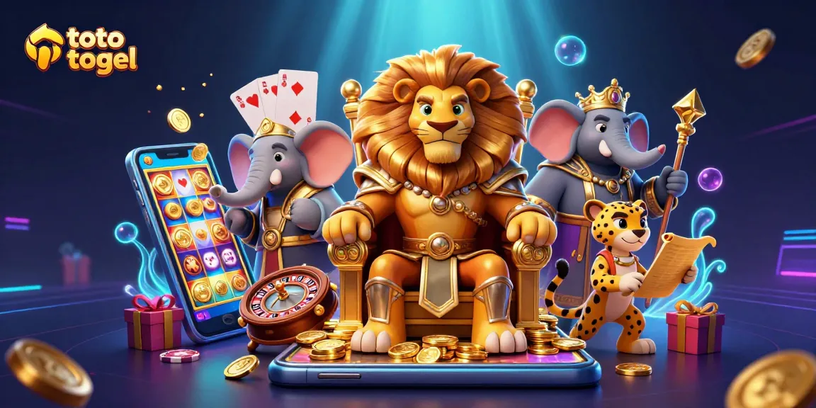 Experience thrilling toto togel action with a regal lion, wise elephant, and swift cheetah amidst vibrant gaming elements.