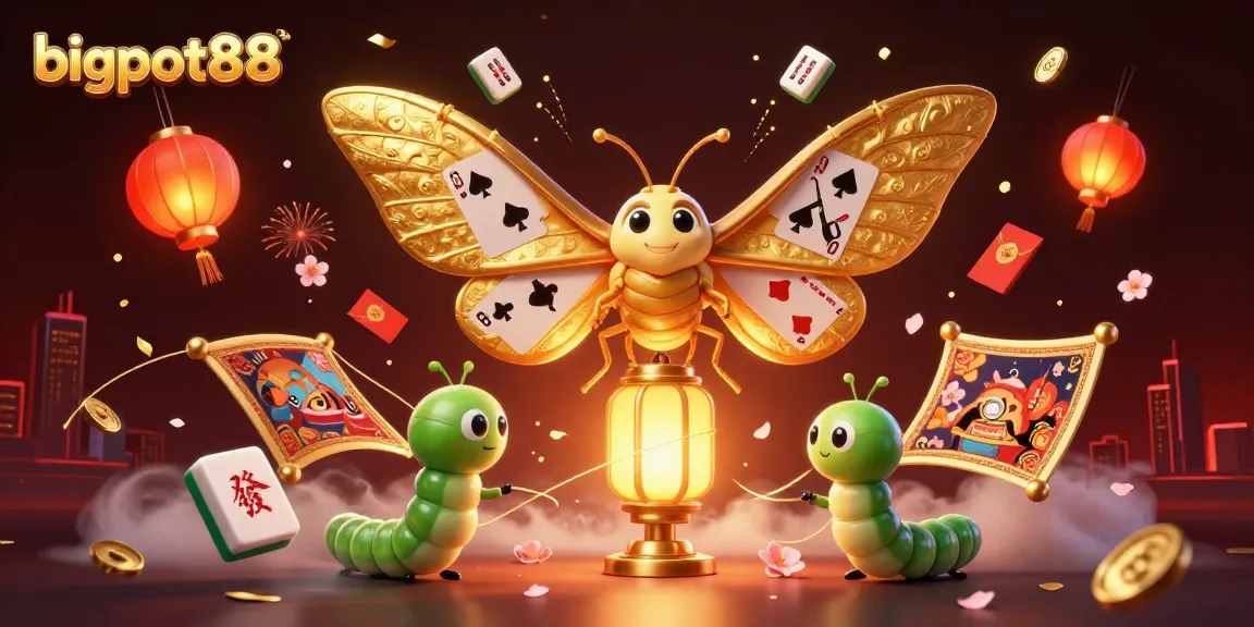 Experience the excitement of bigpot88 with dazzling casino elements featuring an atlas moth, lanterns, and golden treasures.
