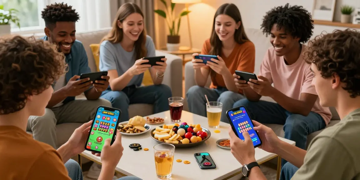 Engaging JaiClub login scene with friends playing on smartphones and colorful game graphics.