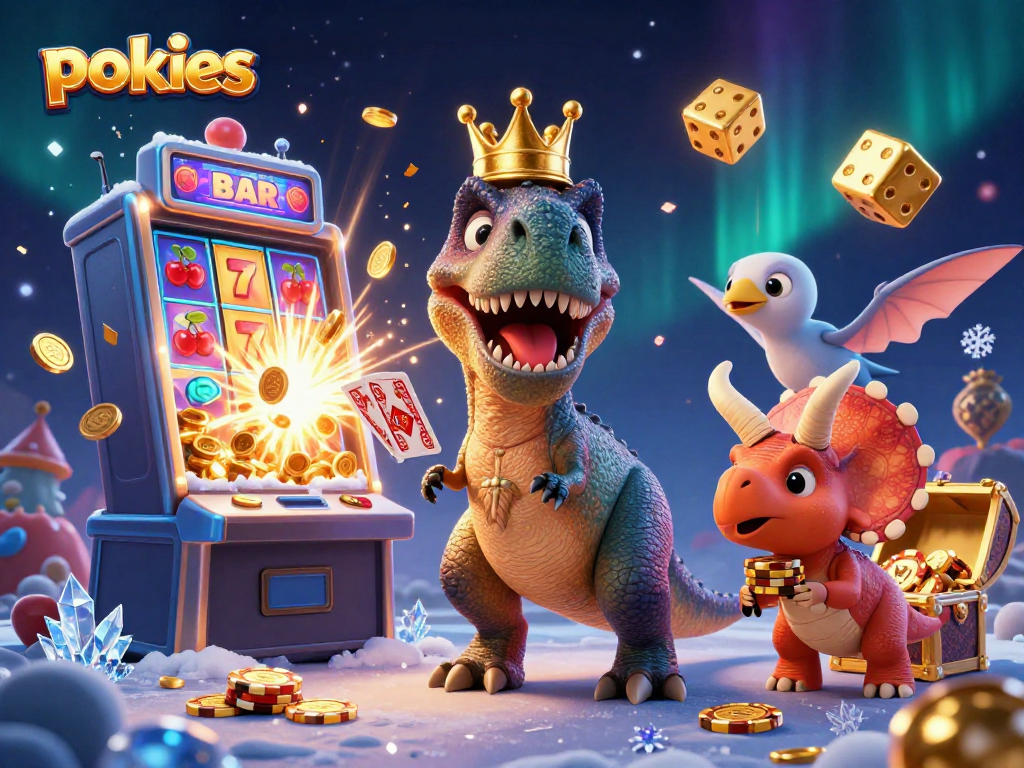 Experience exciting pokies gameplay with friendly dinosaurs in a vibrant casino setting.
