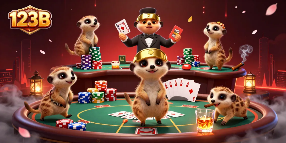 Meerkats operating a vibrant casino scene with poker and chips in the 123B casino.