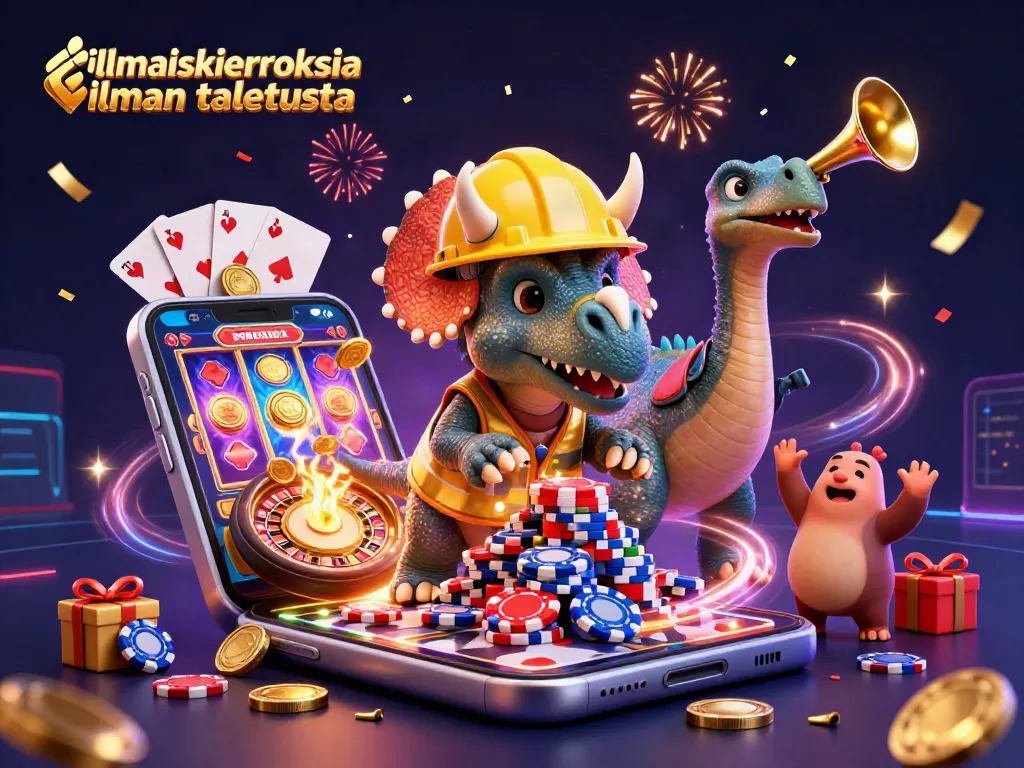 Ilmaiskierroksia ilman talletusta: jännittävä 3D-illustraatio, jossa dinosaurukset juhlivat voittoja kasinopelien parissa.