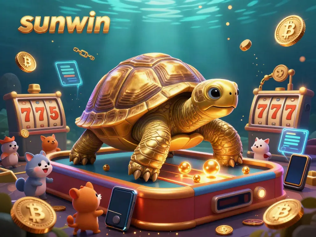 Experience the thrilling slot action at sunwin with a lively scene featuring a golden tortoise pinball machine and excited players.