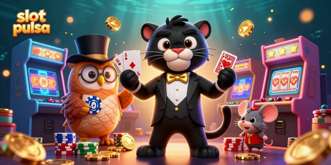 Experience the thrill of slot pulsa with a charming 3D panther dealer and playful characters surrounding vibrant gaming elements.