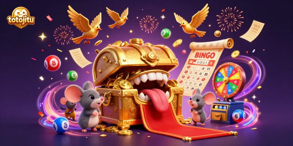 Experience the excitement of totojitu with festive lottery elements and vibrant treasure in a dynamic casino scene.