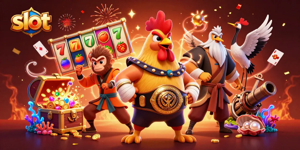 Menangkan slot dengan karakter berjuang di kasino, dikelilingi koin emas dan simbol judi.