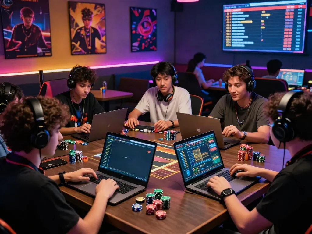 Players enjoying unsurtoto online gaming in a vibrant lounge with laptops and game interfaces.