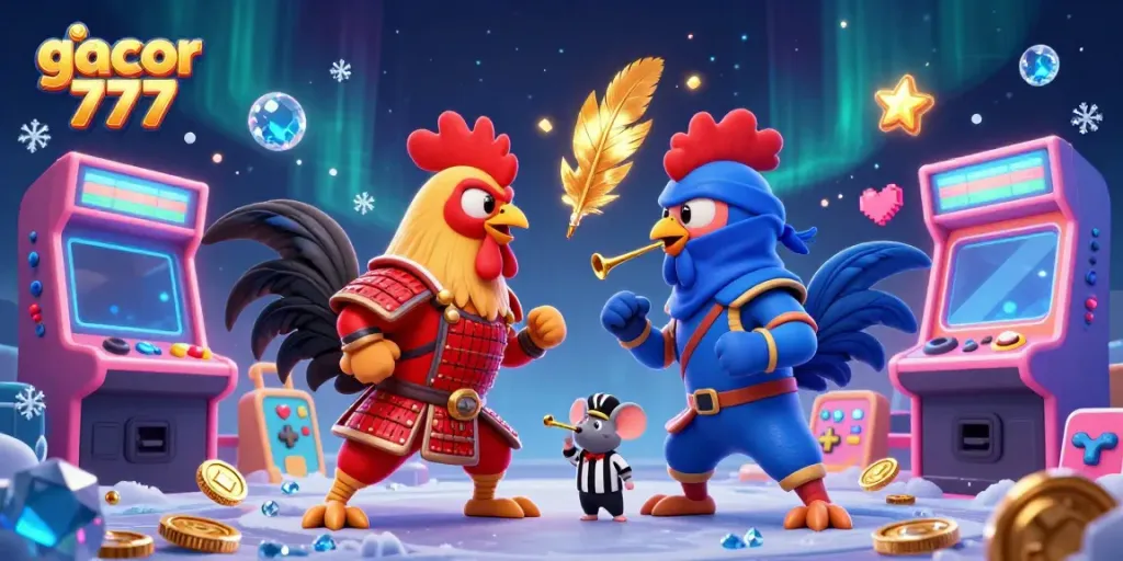 Slot gacor 777 menghadirkan ayam jantan bertarung dalam suasana kasual bertemakan permainan arcade 3D.