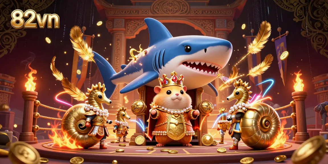 Experience thrilling gameplay with 82vn's vibrant casino scene featuring a golden hamster king and seahorse guards.