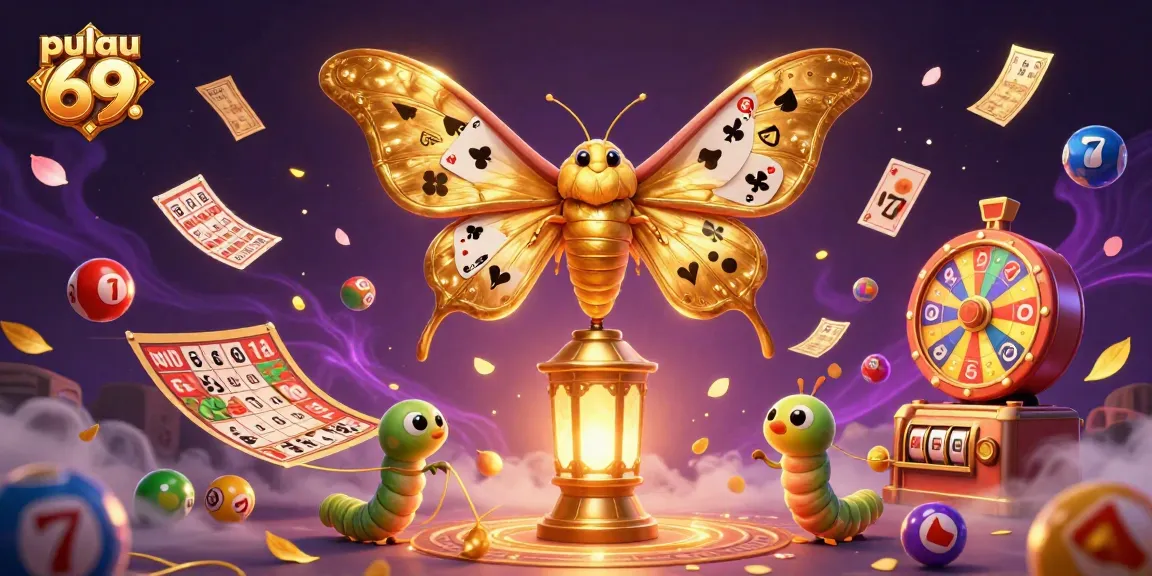 Pulau 69 features an enchanting 3D cartoon moth among golden casino elements, creating a magical gaming experience.