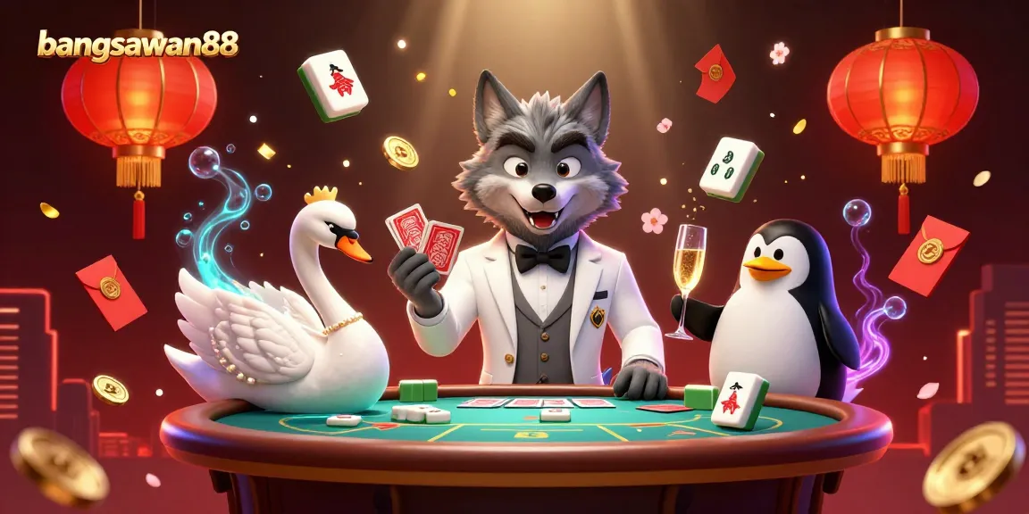 Experience bangsawan88 with elegance as the wolf, swan, and penguin interact at a vibrant gaming table.