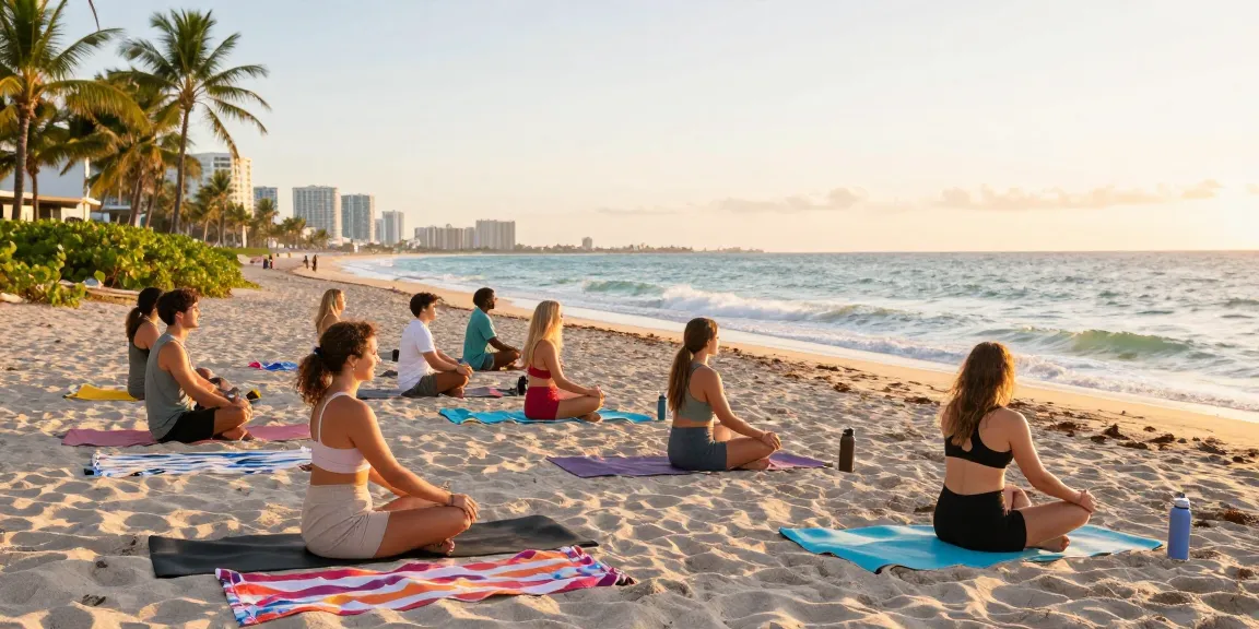 Kelompok pelancong di https://miami4d.com/ melakukan yoga di pantai Miami saat matahari terbit, suasana ceria dan santai.