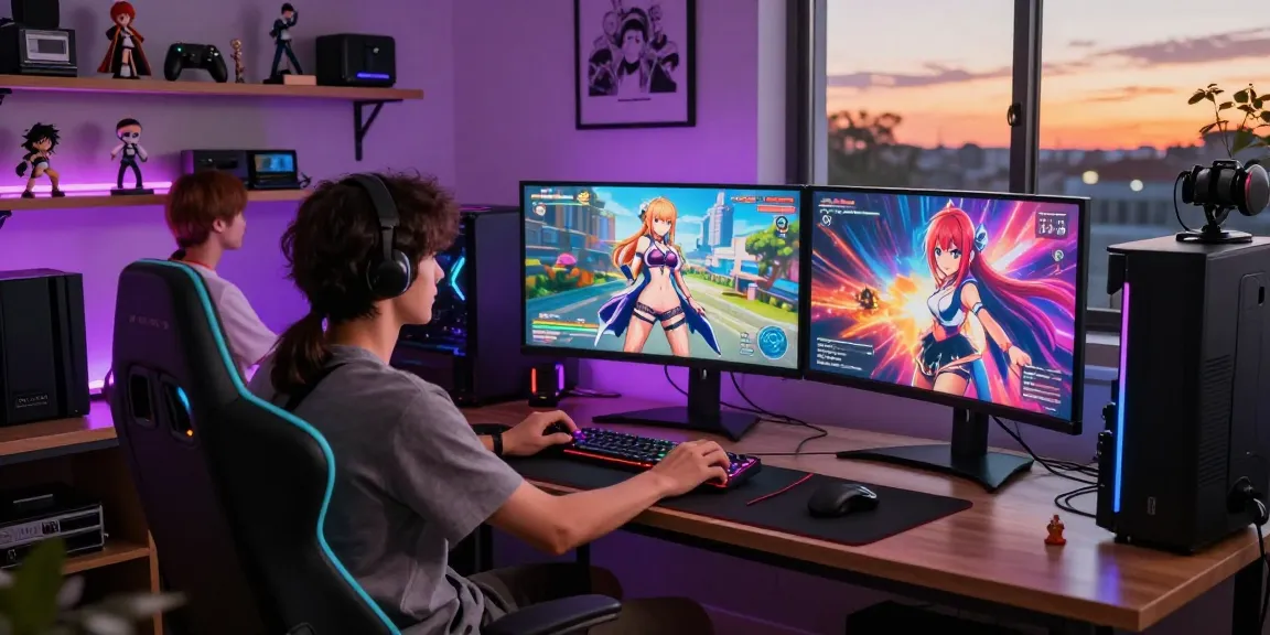 Two players enjoying hentai games in a cozy gaming room with colorful lighting.