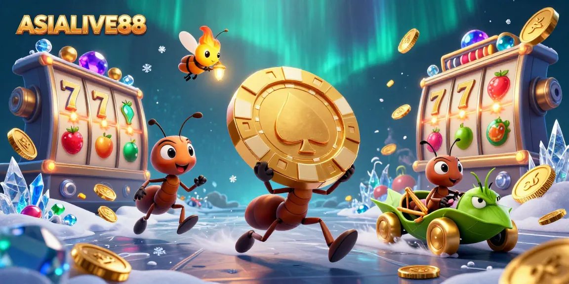 Engaging scene of ASIALIVE88 with cartoon ants carrying a giant poker chip amidst vibrant gaming elements.