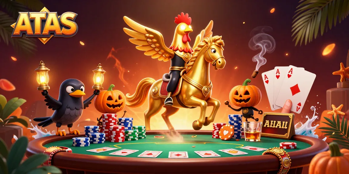 Engage with the vibrant ATAS casino scene showcasing a golden rooster hero in a thrilling poker atmosphere.