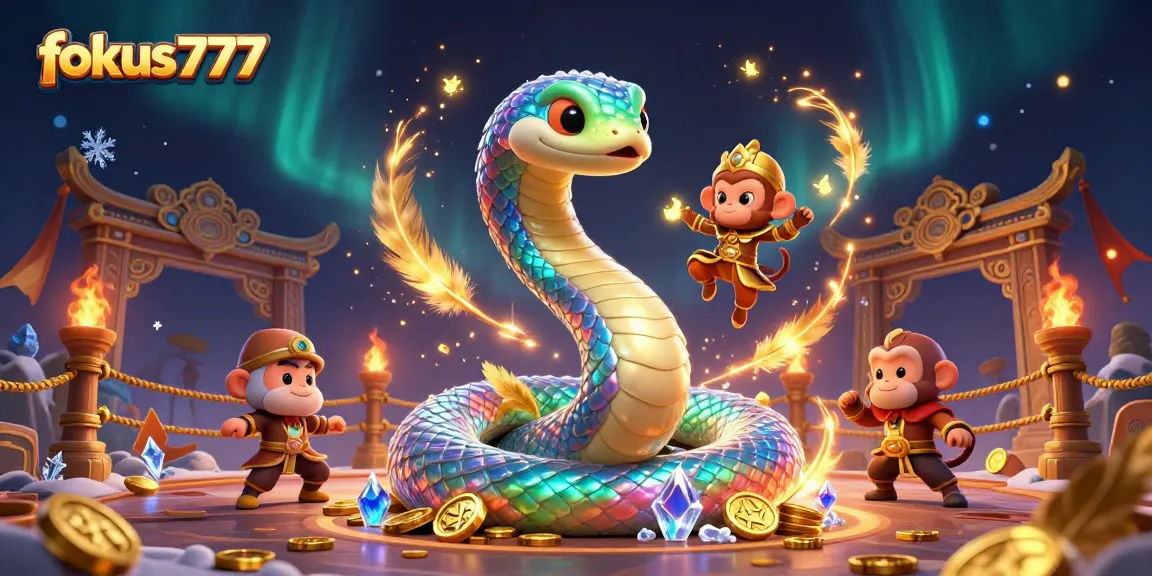 Immerse in the vibrant world of fokus777 with a mesmerizing rainbow serpent and monkey king amidst golden coins.