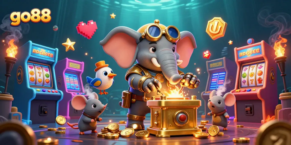 Spin the golden slot machine with go88’s colorful gaming characters in an exciting casino setting.