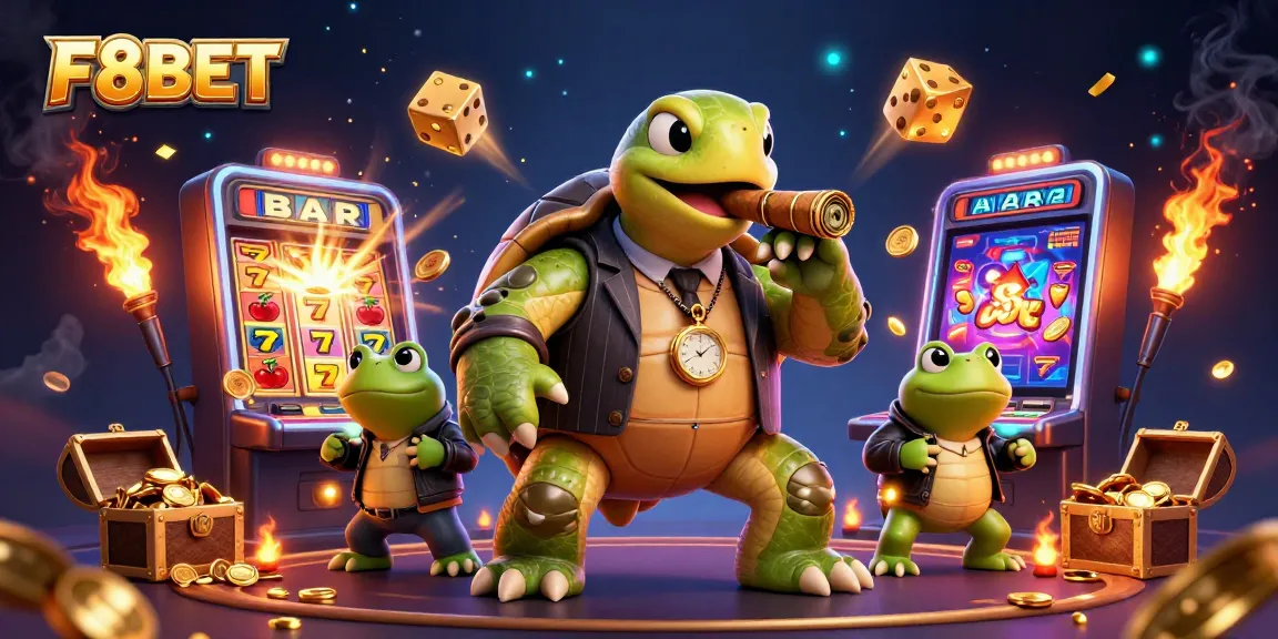 Join F8BET's vibrant casino adventure with a charming turtle and frog enforcers enjoying a cinematic jackpot scene.