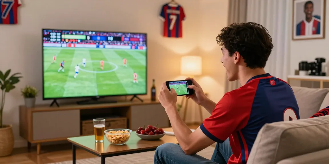 Enthusiastic football fan enjoying live streaming from زيارة موقع كورة with friends, snacks, and team decor.